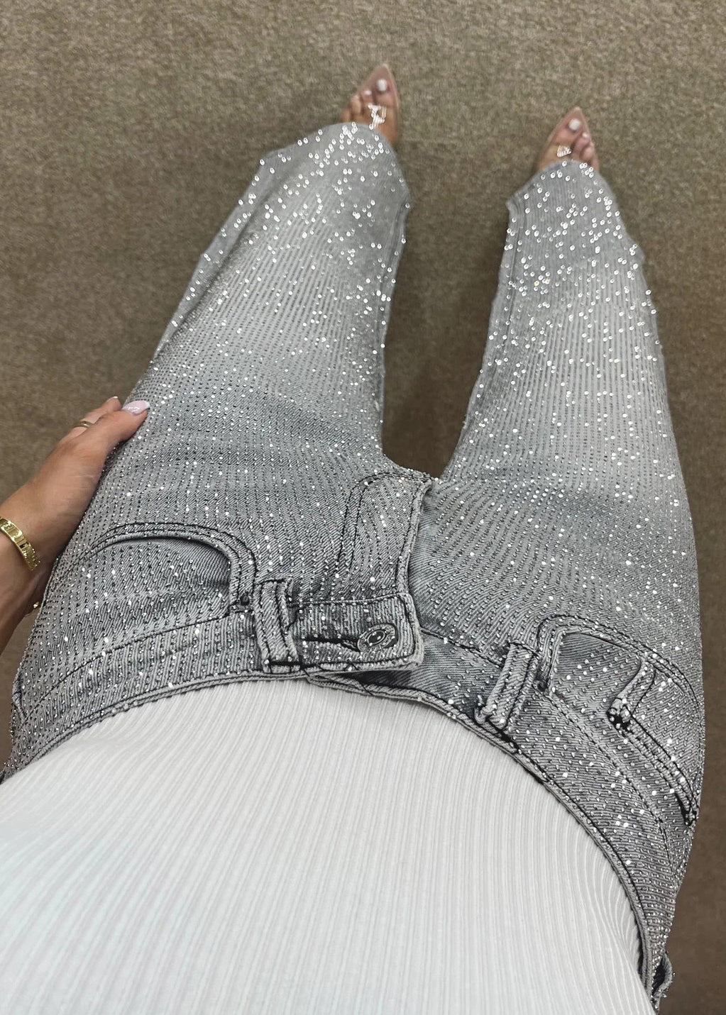 High Waisted Diamanté Straight Leg Jeans