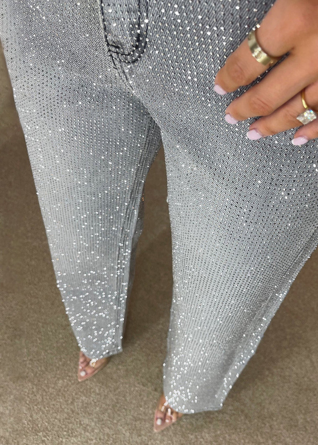 High Waisted Diamanté Straight Leg Grey Jeans