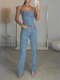 Light Blue Diamanté Wide Leg Denim Jumpsuit with Strapless Design
