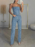 Light Blue Diamanté Wide Leg Denim Jumpsuit with Strapless Design